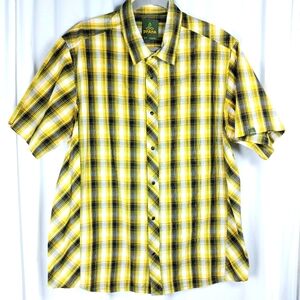 prAna Short Sleeve Shirt Yellow Black Plaid‎ Black Pearl Snap Button Mens Large
